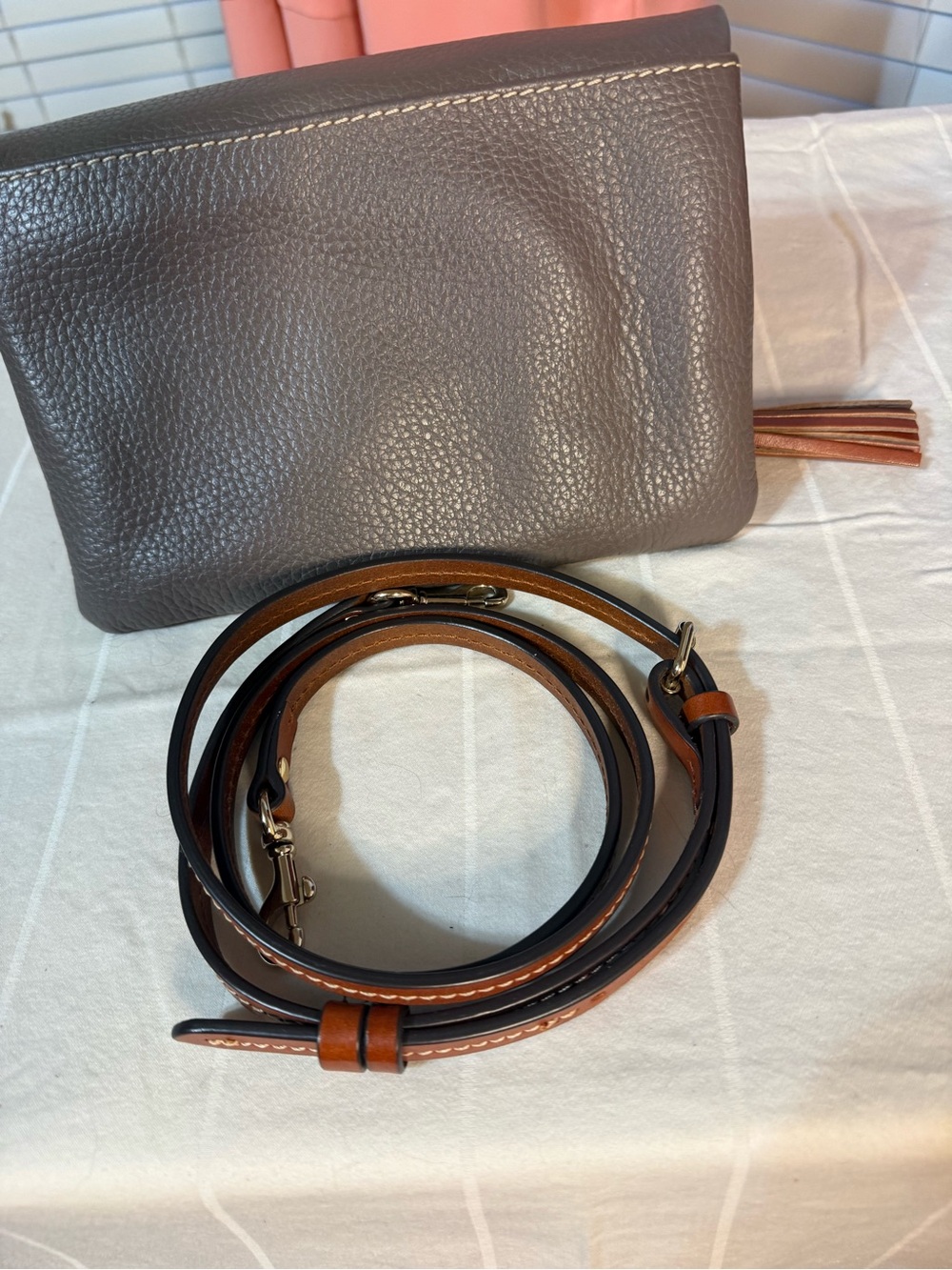 Dooney & Bourke ElephantbPebbled Leather Fold over Clutch with Brown Strap - Picture 2 of 5